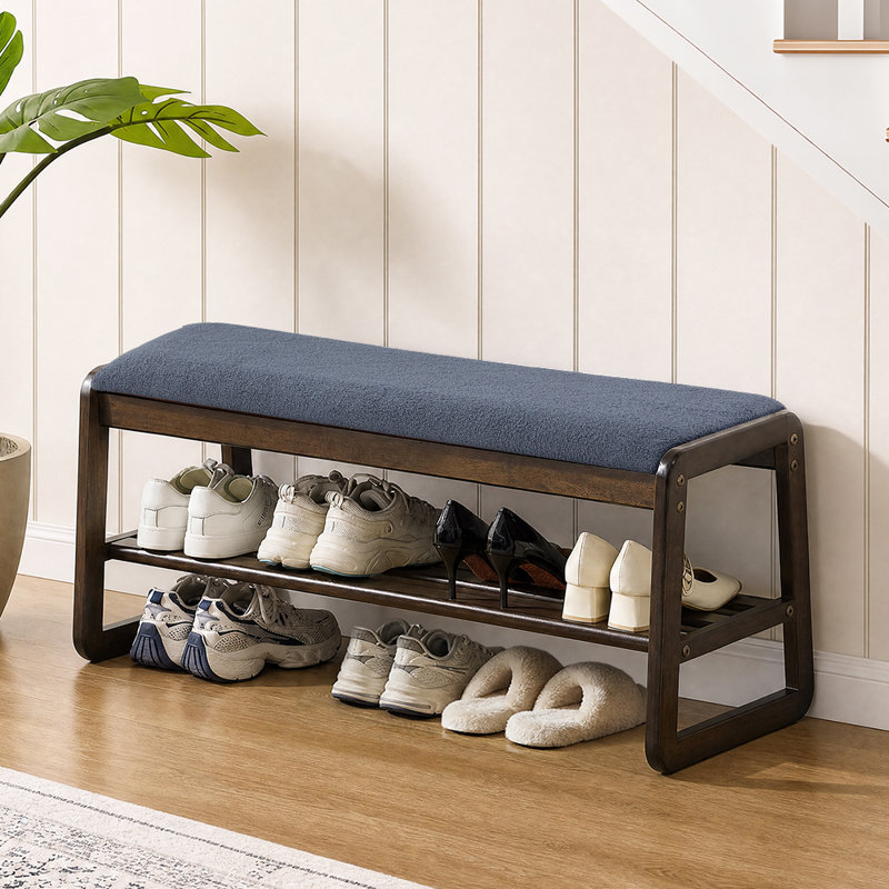  Solid Wood Shoe Bench with Cushion, 2-Tier Entryway Storage Bench, Blue/Teddy Fleece, 15.7" H x 39.4" W x 14" D