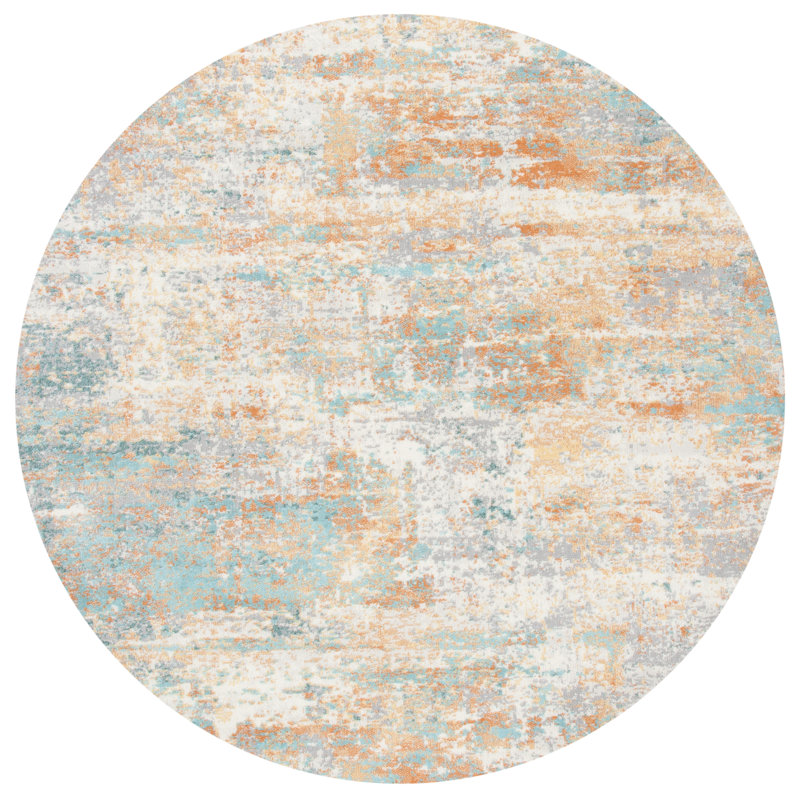 Hunley Abstract Orange/Aqua Area Rug, Round 6'7"