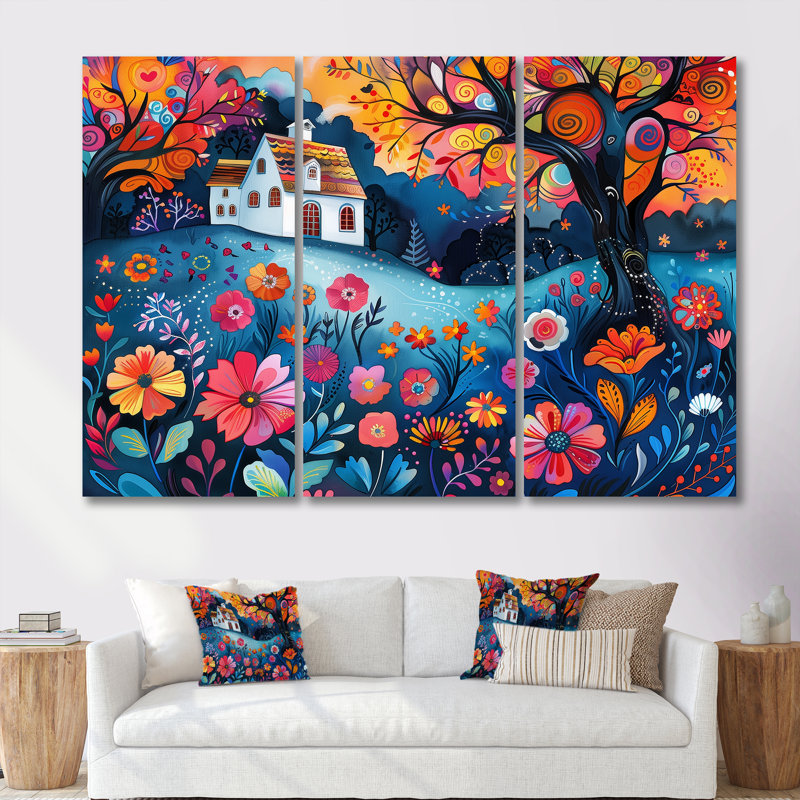 Ensemble de salon art mural orange orange et bleu, H 40 po x l 20 po x P 1 po, Toile tendue