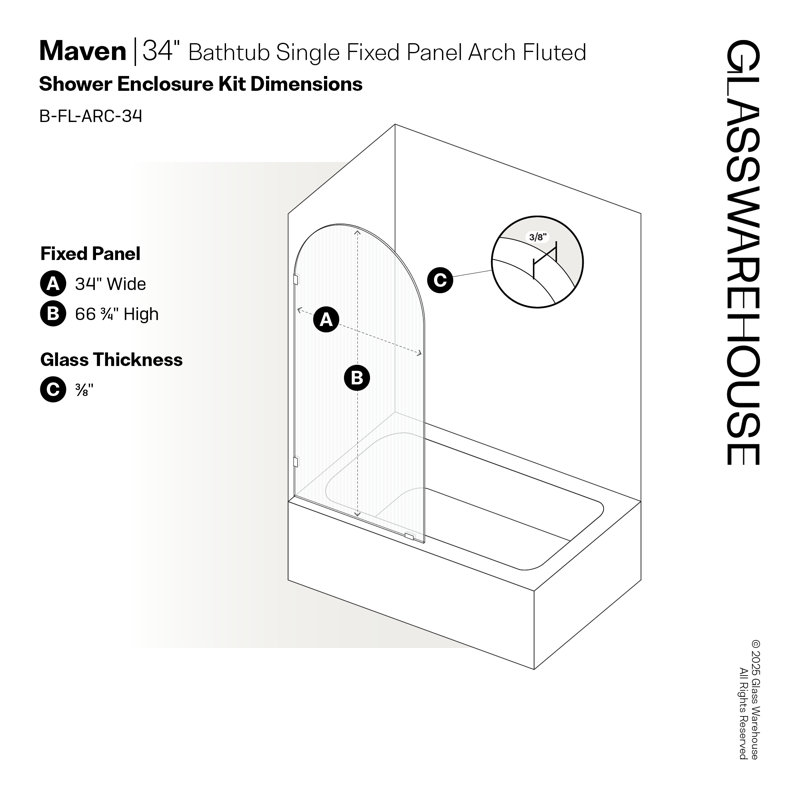 Maven 34 in. x 66.75 in. Frameless Arched Fluted Single Fixed Bath Panel, Matte Black