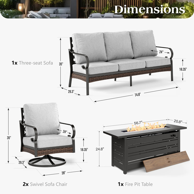 Ensemble de conversation pour 5 personnes avec chaises longues pivotantes et foyer, Noir / gris clair / noir