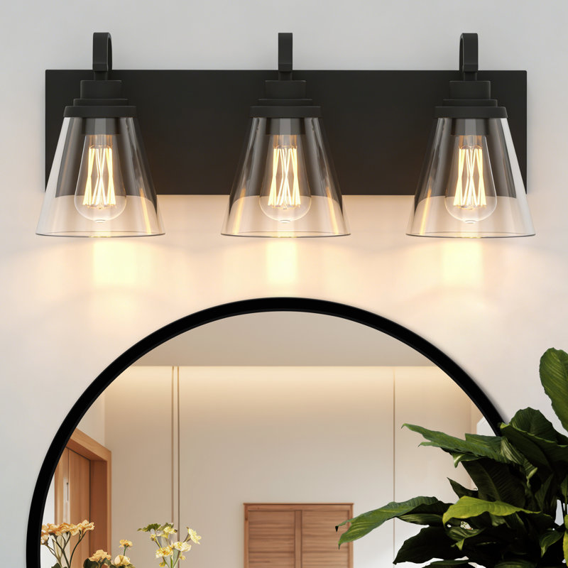 Bathroom Light Fixtures, 3-Light Matte Black Vanity Light Over Mirror, 21" Modern Wall Sconces With Flared Clear Glass Shade, Bathroom Wall Lights For Mirror Kitchen Bedroom Hallway