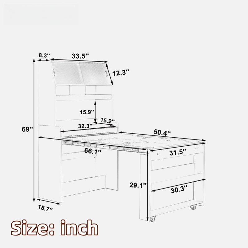 Buffet With Hutch And Foldable Dining Table, Storage Shelves, Side Hooks And A Cabinet With Sliding Doors
