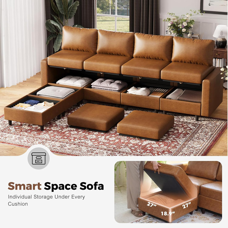 6-Piece 91.5'' Reversible Modern L-Shape Sectional Sofa With Storage Seat- Faux Leather Brown, Brown Faux Leather