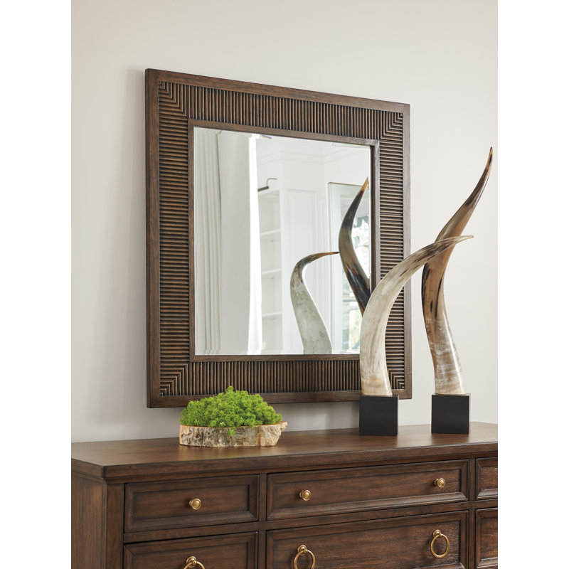 Transitional Mitered Tambour Wood Square Mirror in Brown