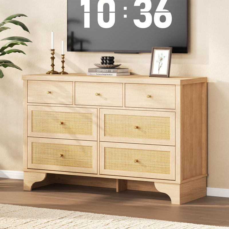 Commode double 7 tiroirs, commode en bois de 47,3 po de largeur avec organisateur de tiroir en bois avec base robuste pour le salon, l'entrée et le couloir