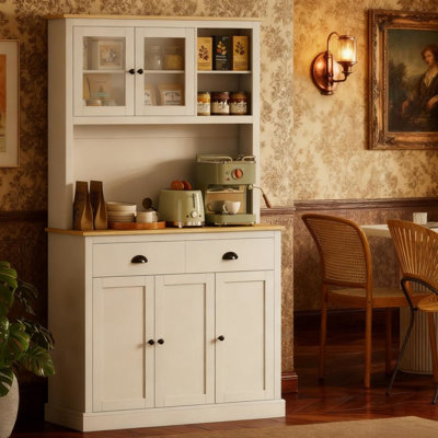 Rangement de cuisine autoportant blanc avec comptoir en grain de chêne, étagères réglables et armoire de design d'intérieur moderne à trois hauteurs de tablettes
