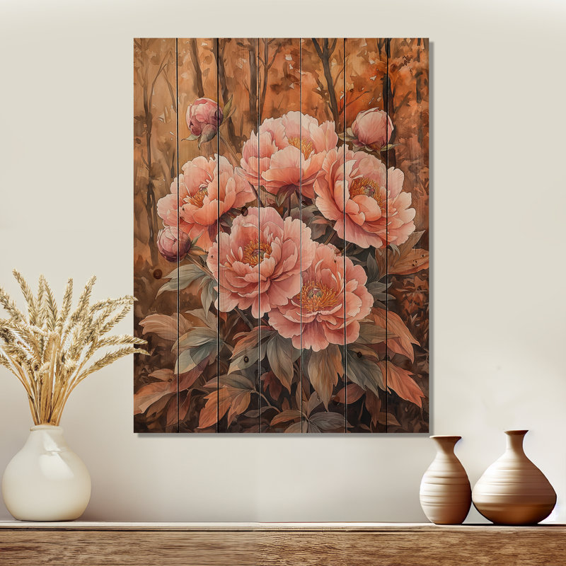 Pivoines et forêt d'automne I - Art mural en bois pivoines - sur bois de pin naturel, H 20 po x l 10 po x P 0,78 po