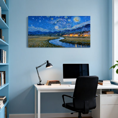 Landscape & Nature Starry Night Landscape With River And Village