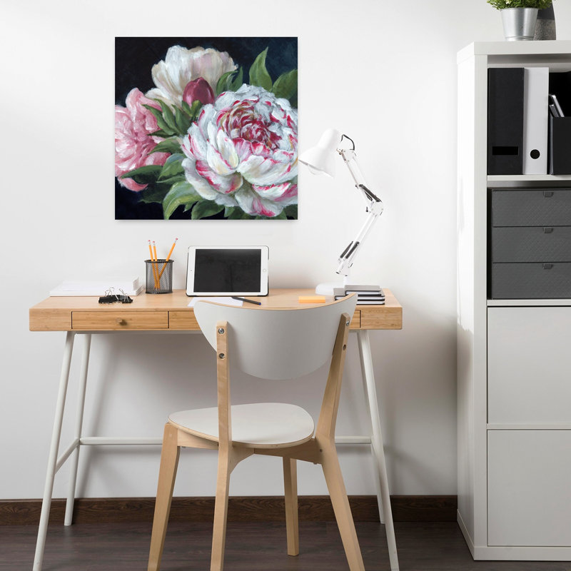 Pe pivoines en pleine floraison I, art mural contemporain abstrait, Noir / Rose, H 18 po x l 18 po