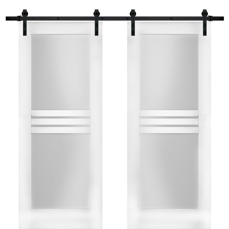Portes de grange en verre givré blanc Mela avec trousse de quincaillerie d'installation, Noir, 72 po x 84 po