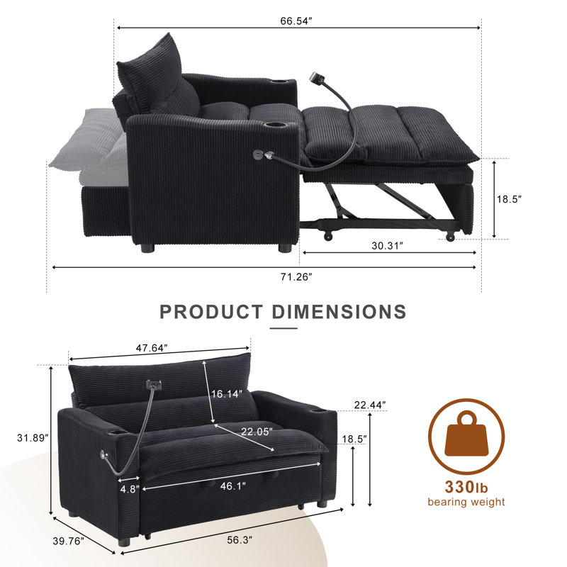 Modern 3-in-1 Convertible Sleeper Sofa Bed With Phone Holder And Cup Holders, Black