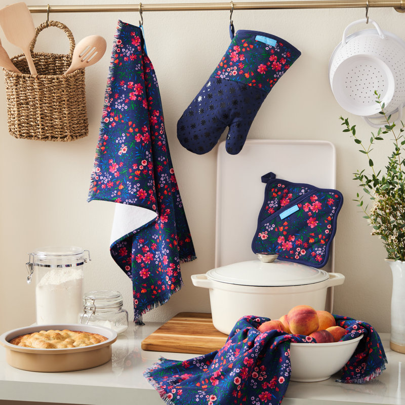 DRAPER JAMES Field Flowers Kitchen Towel, Oven Mitt & Pot Holder 4-Pack Set, Navy/Multicolor, Navy/Multicolor