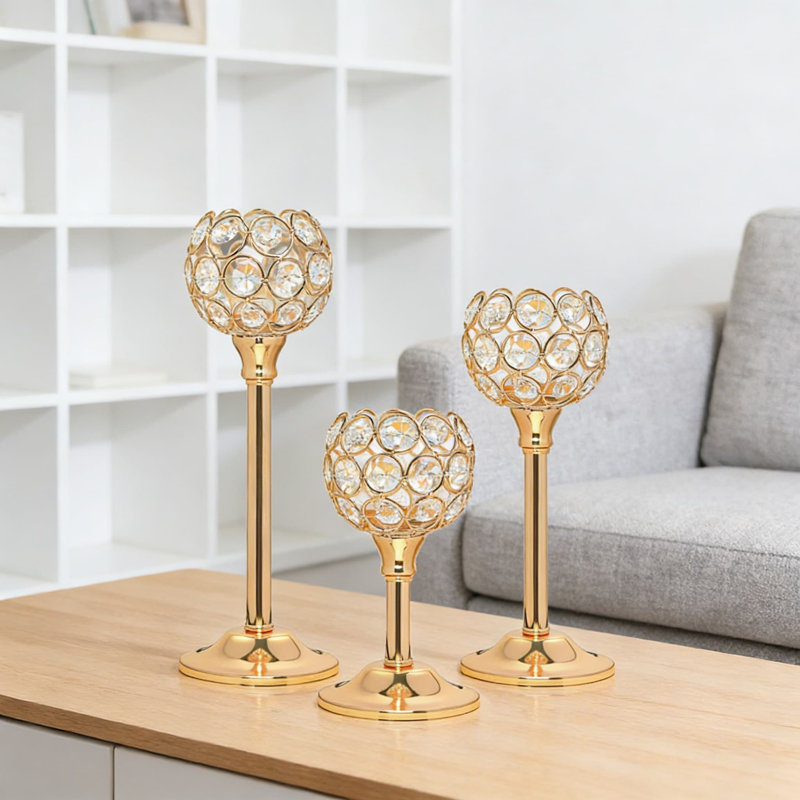 Elegant Crystal Tealight Candle Holders Set Of 3, Hollow Ball Design With K9 Crystal Strands, Tall Votive Candelabra Centerpiece For Dining Table And Wedding Decor