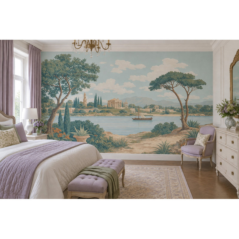 Papier peint mural vintage représentant un voilier au bord d'un lac, inspiré de l'architecture vintage., 160"x108"