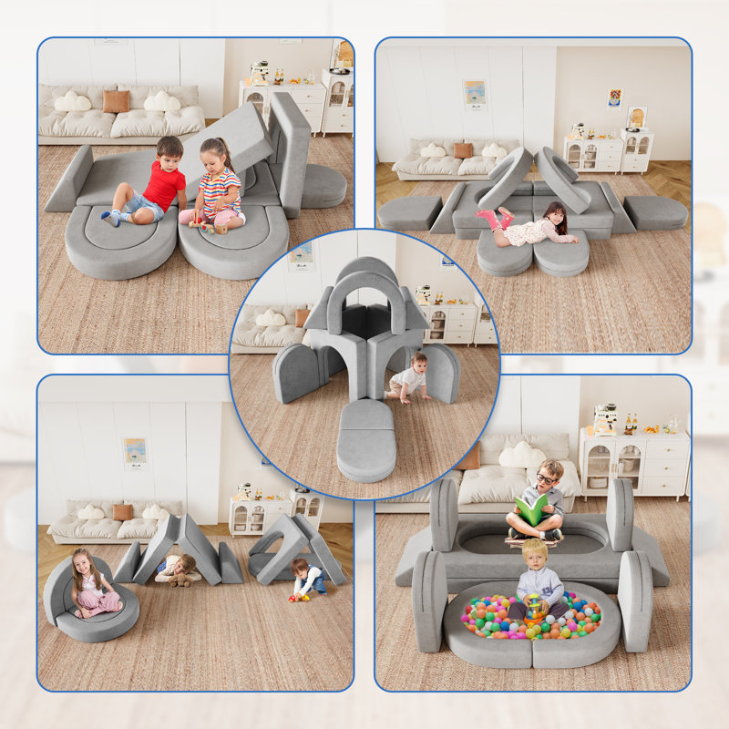 Kids Couch, 12pcs Modular Toddler Couch With 4 Arches And 2 Triangular Cushions, Fold Out Kids Couch For Playroom, Bedroom