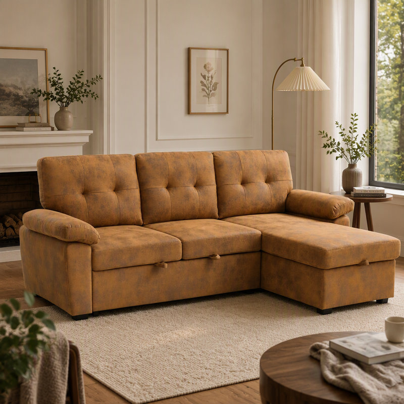 Canapé modulaire convertible de 88,5 po avec lit escamotable, méridienne de rangement et accoudoirs rembourrés doux - Style Mid-Century