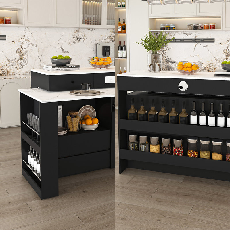 Adjustable Kitchen Island Cart with Seating for 2-4 | Rotating Countertop, Storage Drawers, Glass Display Cabinet & Sockets | Modern Freestanding Breakfast Bar