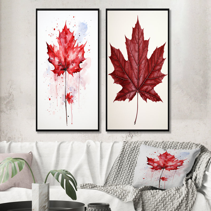 Red Maple Leaf Beauty I - ensemble de 2 décorations murales feuille d'érable, H 28 po x l 25 po, Cadre noir