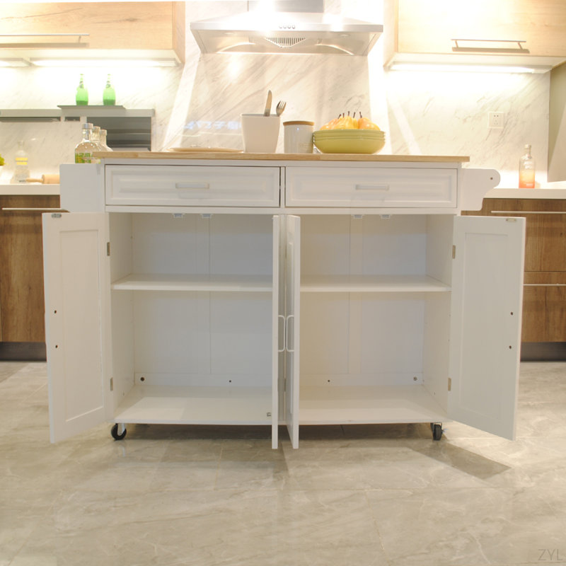Îlot de cuisine et chariot de cuisine, îlot de cuisine mobile, plateau en bois d'hévéa, grande tablette ajustable à l'intérieur de l'armoire pour différents ustensiles, design luxueux convenant à une fête sur un autre site.