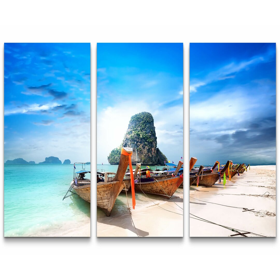 3-tlg. Leinwandbilder-Set Paradiesischer Sandstrand mit Booten - Thailand