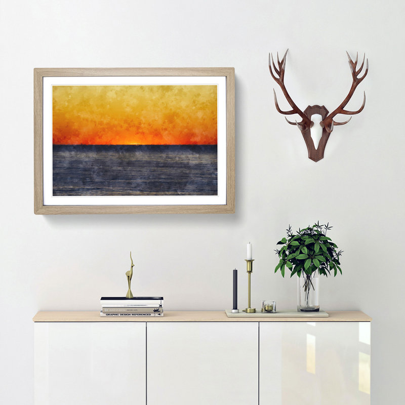 An Orange Sunset - Picture Frame Painting, 24cm H x 33cm W x 2cm D, Oak Framed