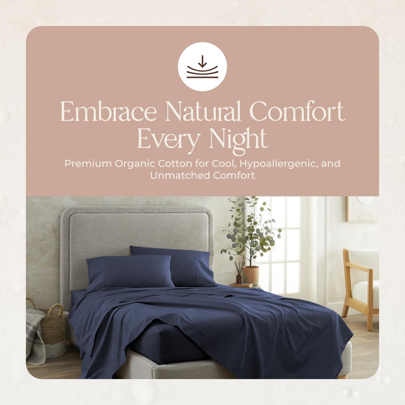 Whisper Organics, 100% Organic Cotton Sheets - 300 Thread Count Bed Sheets Set - Premium Quality Sheets - Deep Pocket Sheet Set - GOTS Certified, Navy Blue Color (Cal King Size)