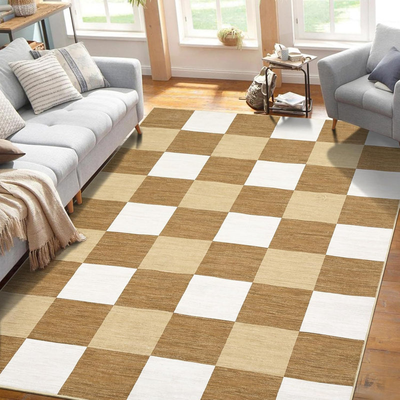Runner Rugs Living Room Washable 2x6 Area Rugs Thin Foldable Modern Print Decorative Plaid Rugs Bedroom Dining Room Brown Taupe & Cream