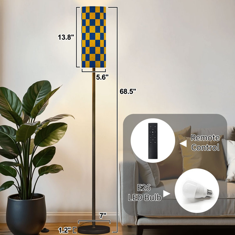 Lampe sur pied à damier bleu jaune à motif géométrique vieilli avec gradateur et télécommande