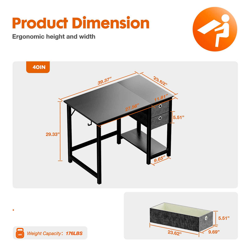 Bureau d'écriture avec 2 tiroirs Norrington, Noir, H 29,3 po x l 40 po x P 23,6 po