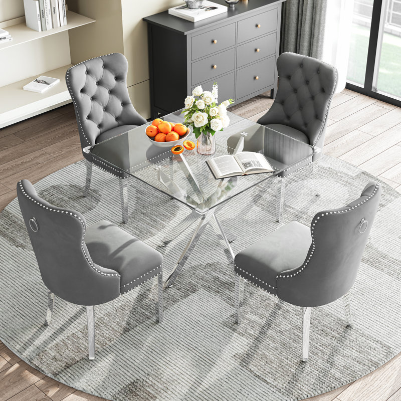  Modern Square Glass Dining Table Set for 4, 36" Tempered Glass Top with Velvet Tufted Nailhead Trim Chairs