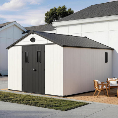 10X12FT Outdoor Storage Shed, Weather-Resistant Shed With Lockable Doors & Built-In Floor, Sloped Roof Tool Shed For Backyard Garden & Patio Lawn