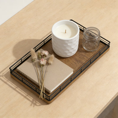 Wood Vanity Tray With Iron Mesh Edges, Bathroom Countertop Organizer For Dresser, Kitchen, Coffee Bar, And Home Decor