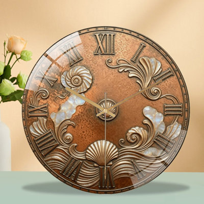 Horloge murale silencieuse en verre trempé de 30 cm, cadran cuivré, sans tic-tac, fonctionne avec des piles AA (non incluses), décoration artistique pour la maison