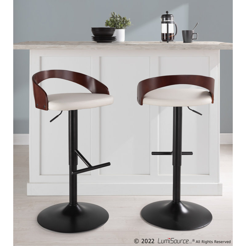 Tabouret de bar réglable Laurenzio avec repose-pieds droit en T, Blanc, Noir / Acajou