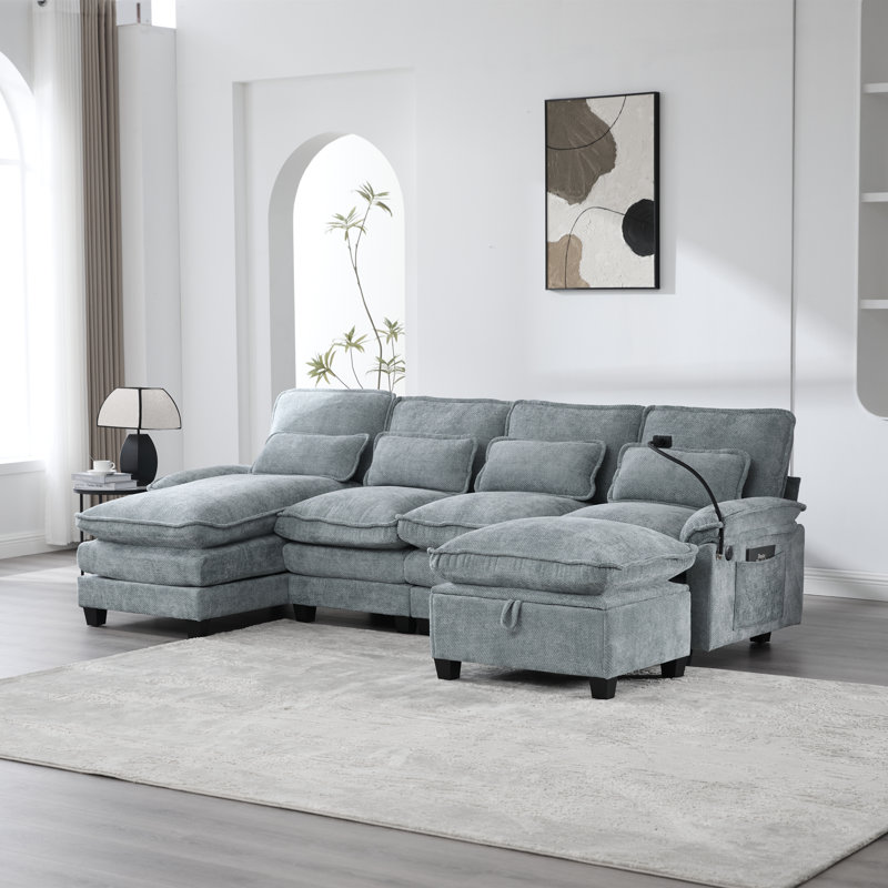UNITED WE WIN 106" U Shape Sectional Sofa Cloud Couch For Living Room, Upholstery Comfy Modular Sofas, 4 Seat Chenille U-Shaped Sleeper Sofa With Chaise Lounge, Ottoman & Pillows