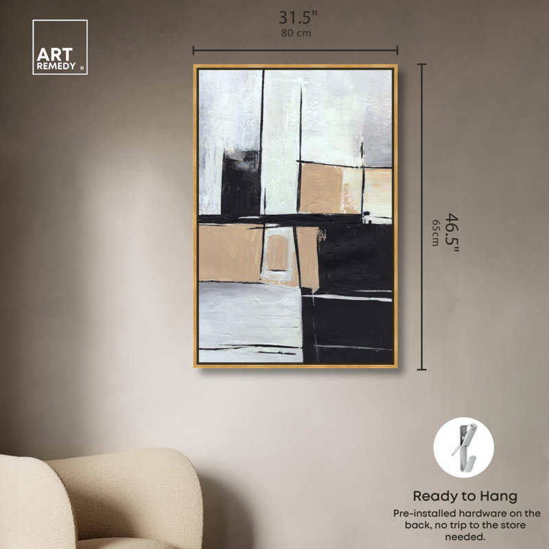 Une fois dans une ombre II, toile abstraite géométrique par Art Remedy, Cadre doré, H 46 po x l 31 po