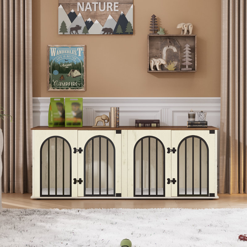 63" Dog Crate Furniture for 2 Dogs,XL Wooden Dog Cage with Divider & Cushion for Medium Large Dogs, White/Brown