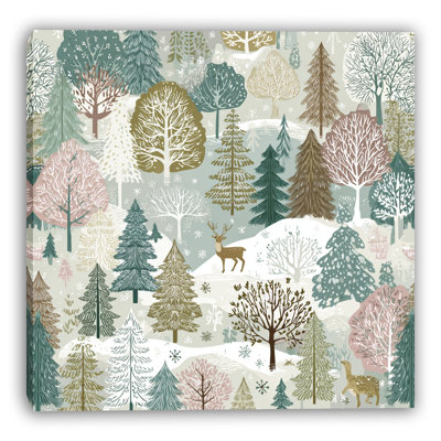 «Enchanted Woodland Deer in Snow», art mural sur toile