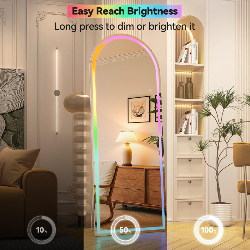 Arch LED RGB Bluetooth Full Length Mirror with Stand ＆ 7 Color Lighting Modes, Full Body Mirror with White Frame for Bedroom, Living Room, Dressing Room