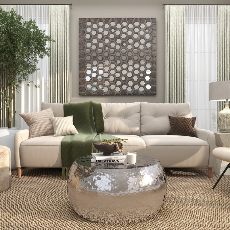 Beardall Silver Aluminum Metal Drum Shaped Living Room Coffee Table with Hammered Design, 14'' H x 30'' W x 30'' D