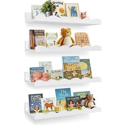 4-pack White Nursery Book Shelves – Scalloped Floating Wall Shelves For Kids’ Books, Baby Room, Toddler Room & Bedroom Decor