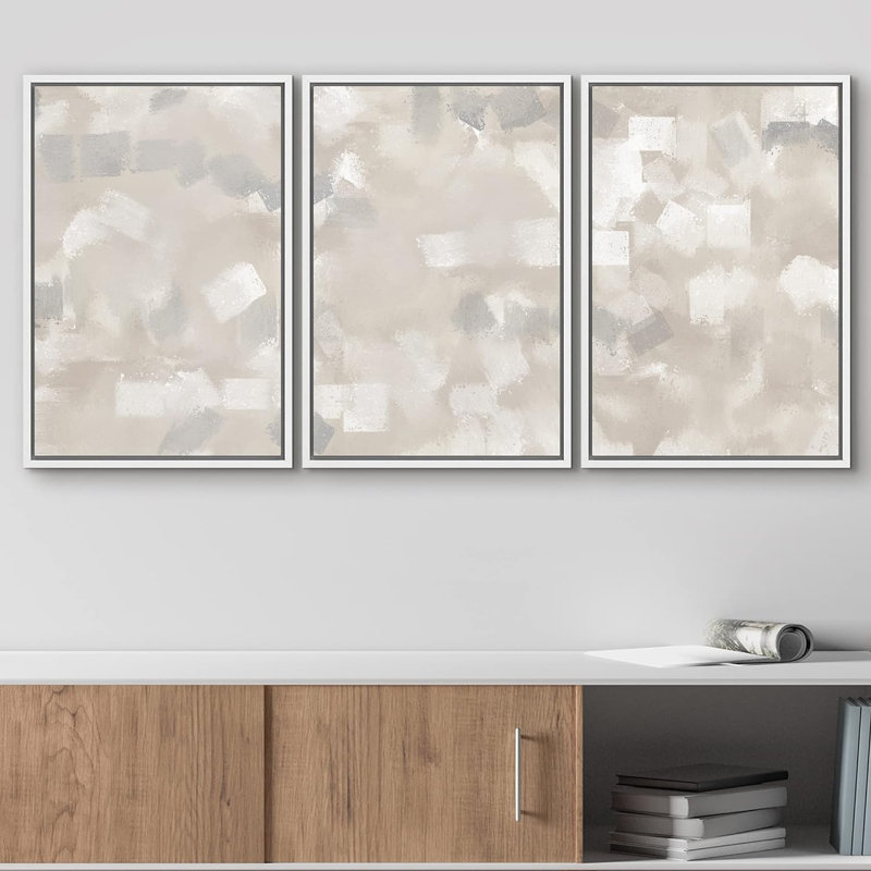 Abstrait art discret, blocs de couleur beige et gris, décor de chambre neutre, impression sur toile encadrée, 3 pièces, Blanc