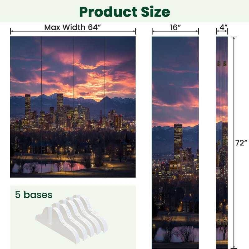 Paravent pliant à 4 panneaux, séparation de pièce, coucher de soleil sur la ligne d'horizon de Denver, Colorado, montagnes Rocheuses, en toile, autoportant, cloison de protection, séparation d'intimité