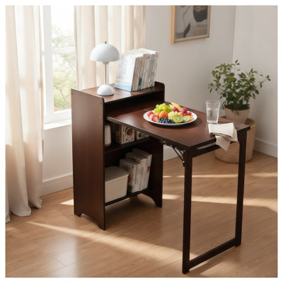Bureau d'ordinateur pliable en bambou avec structure en métal, table d'écriture peu encombrante pour petits espaces au fini noyer