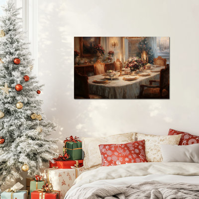 Grande décoration murale d'hiver - Cadre de table de Noël, art mural sur toile de style rétro pour photos de salle à manger