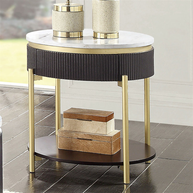 Superbe table de bout 1 pièce avec finition noyer foncé et plateau en faux marbre blanc