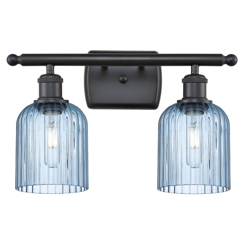 Brysin 15" W 2-Light Dimmable Metal Vanity Light with Glass Shades, Matte Black, Princess Blue