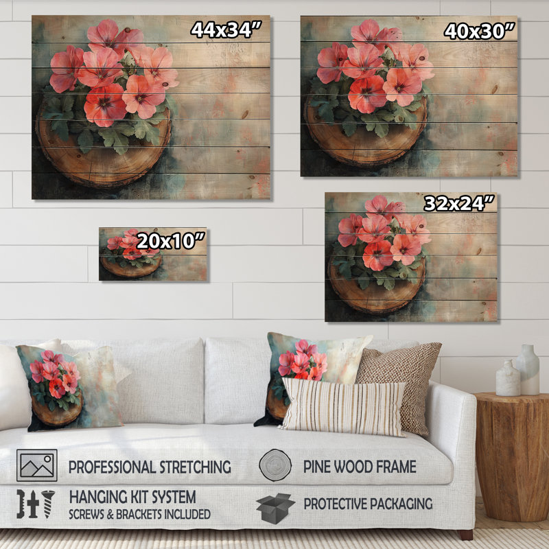 Fleurs de géraniums sur un plateau en bois - Art mural en bois de géraniums - sur bois de pin naturel, H 24 po x l 32 po