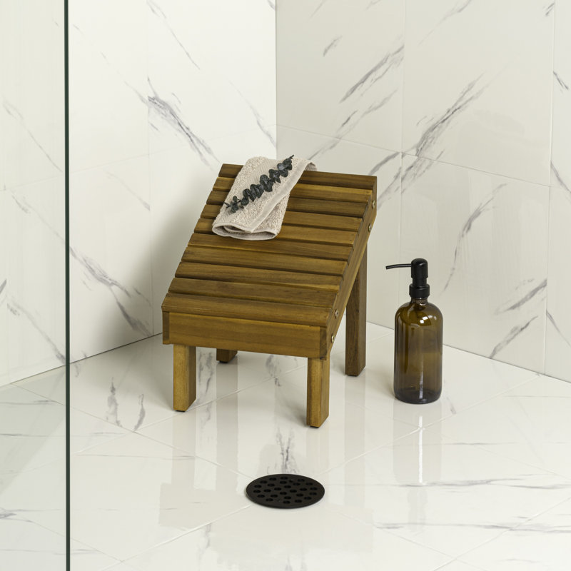Saru 11.8" Minimalist Solid Acacia Wood Shower Foot Rest for Shaving Legs, Water-Resistant Slanted Spa Stool for Inside Shower, Natural